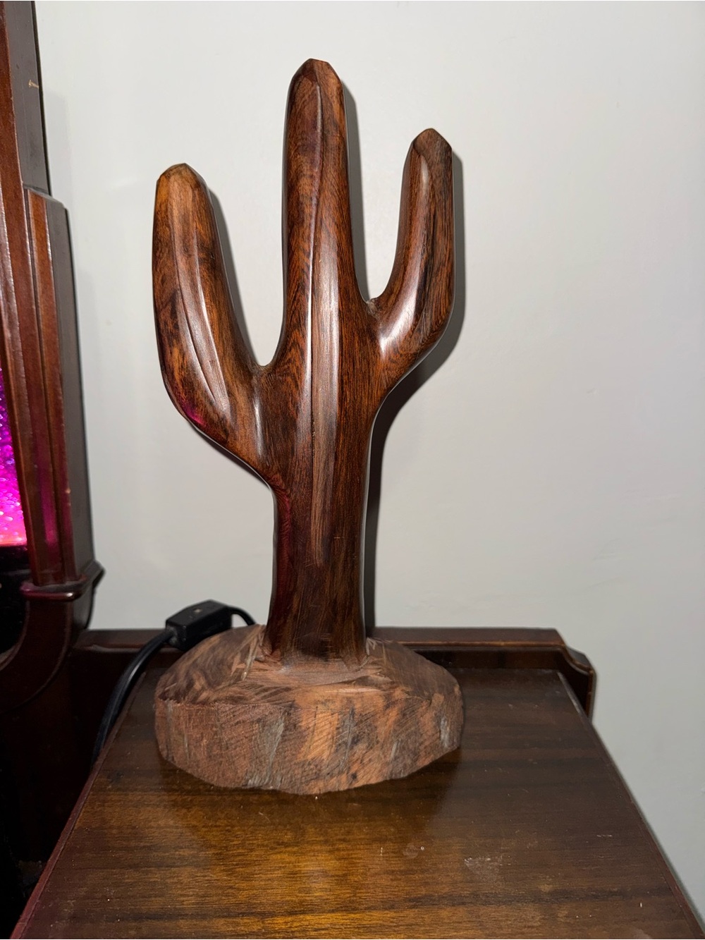VTG Hand-Carved Wooden Cactus Jewelry Stand - Dark Brown
